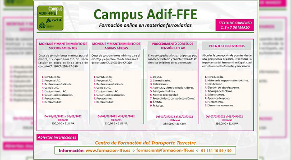 La Fundacin lanza una nueva oferta de cursos especializados en el ferrocarril del Campus Adif-FFE